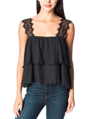 CAMI NYC Vanessa Black Cotton & Silk Lace-Trim Tiered Tank
